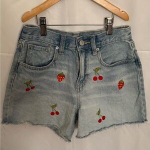 Old Navy Light Blue Jean Shorts with Fruit Embroidery, size 14